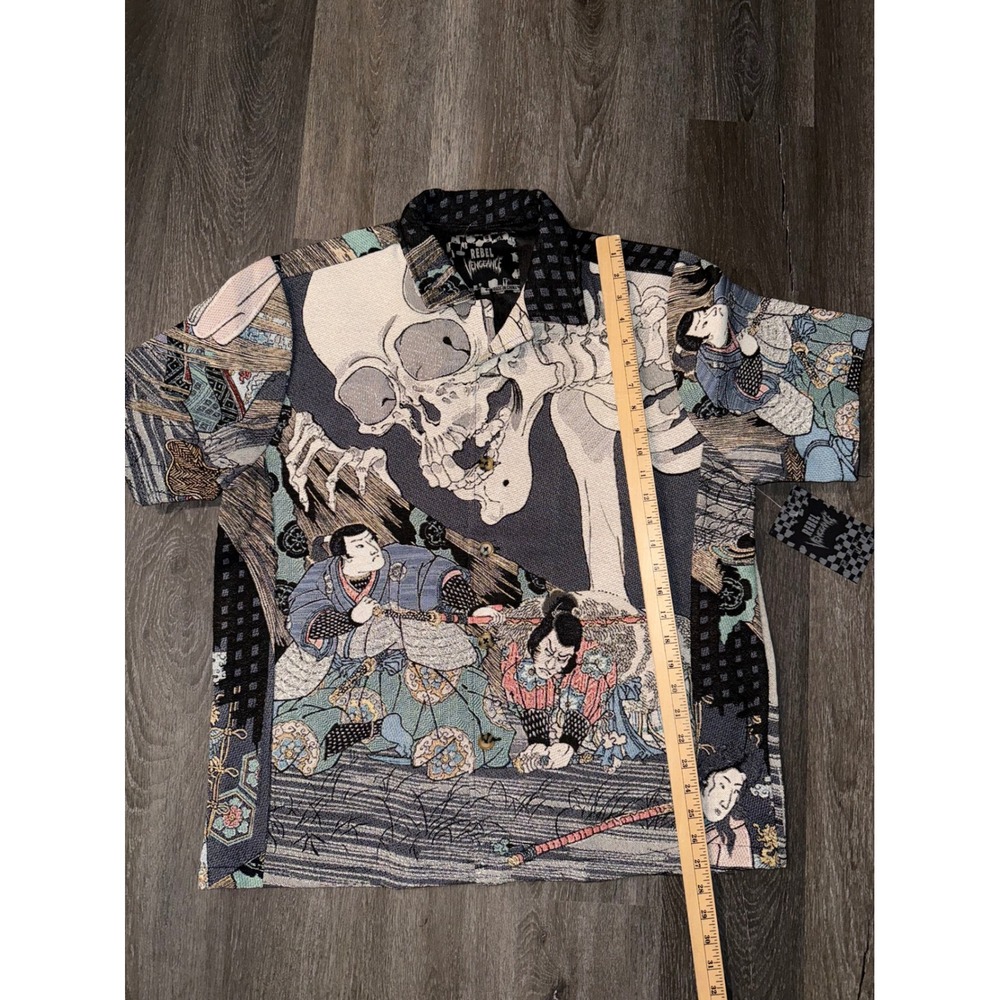 Rebel Vengeance Japanese Tapestry Samurai Skull Print button down Jacket mens L - Picture 2 of 10